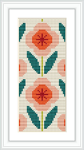 The image presents a framed cross stitch pattern featuring a symmetrical arrangement of stylized flowers with a geometric border, primarily in peach and green tones against a cream background.