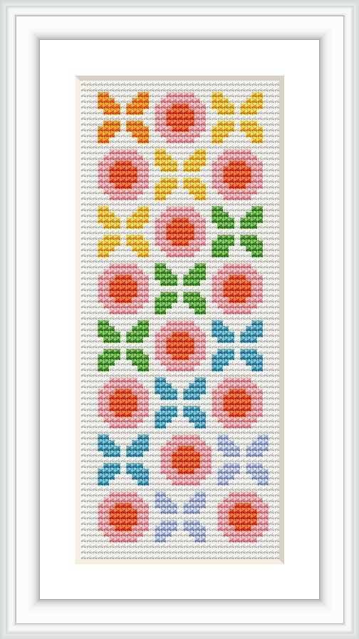 The image features a cross stitch pattern with rows of stylized flowers in pastel colors, framed by a simple white border and displayed on a clean white background.