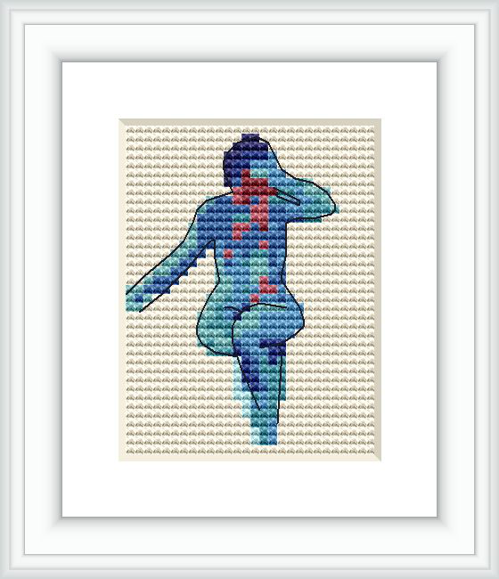 The image displays a framed cross stitch pattern of an abstract female nude silhouette predominantly in cool shades of blue and green with touches of red and purple.