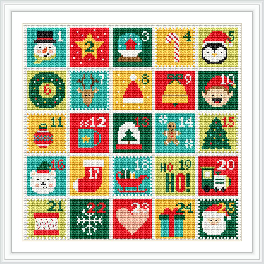 The image displays a cross stitch pattern designed like an advent calendar with 25 individual squares, each featuring a different Christmas-themed icon such as a snowman, gifts, and stockings.