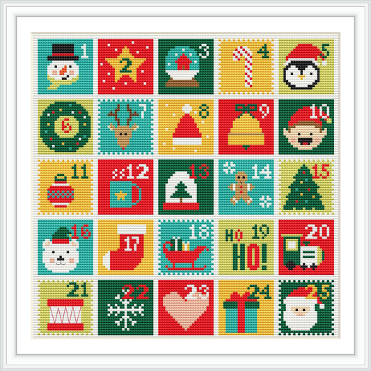 The image displays a cross stitch pattern designed like an advent calendar with 25 individual squares, each featuring a different Christmas-themed icon such as a snowman, gifts, and stockings.