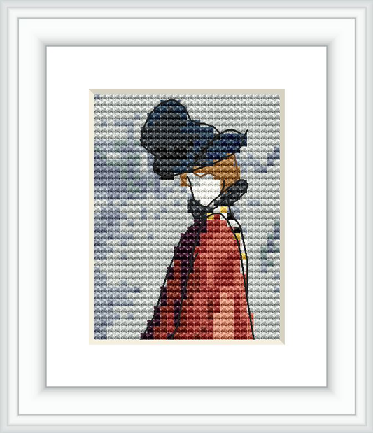 The image depicts a side profile of a Victorian-era woman in a red cape and a dark hat against a muted gray background.