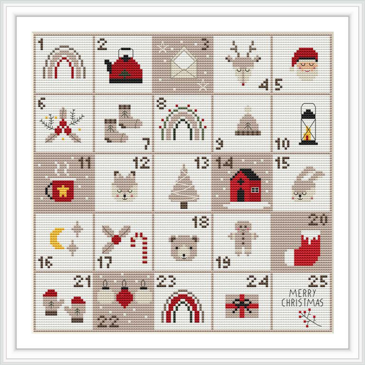 The image displays a cross stitch pattern with a grid layout of 25 squares, each containing a different Christmas-themed motif. Motifs include a Christmas tree, snowman, gifts, and a 'Merry Christmas' greeting in the bottom right corner.