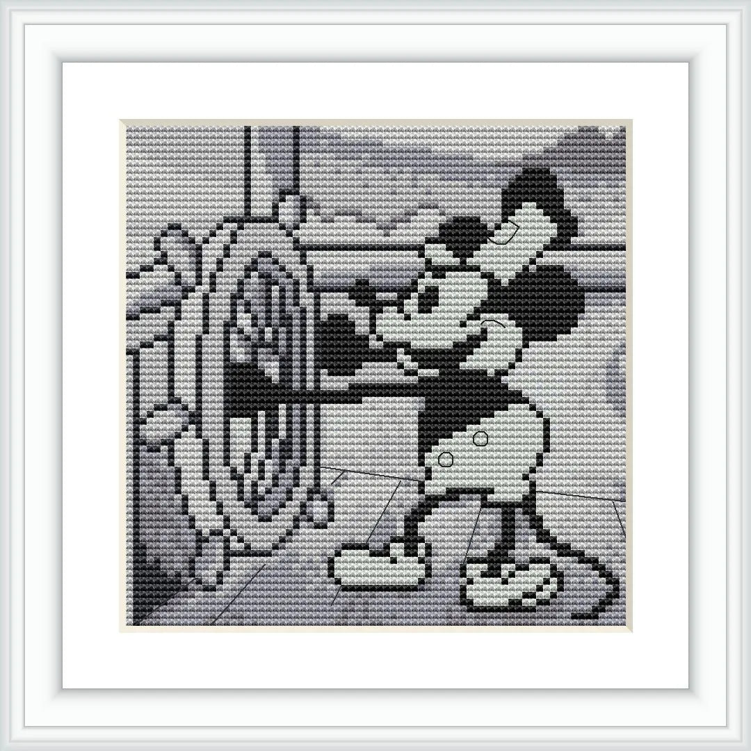 The image depicts a cross stitch pattern framed in white, showing a classic animated character holding the steering wheel of a ship. The character is facing left, wearing gloves, and is designed in grayscale against a lighter background.