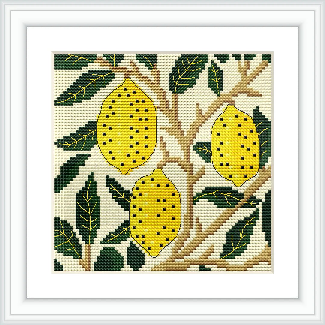 The image showcases a cross stitch pattern featuring lemons with yellow bodies and dotted texture, accompanied by dark green leaves on brown branches, set against a beige and off-white background.