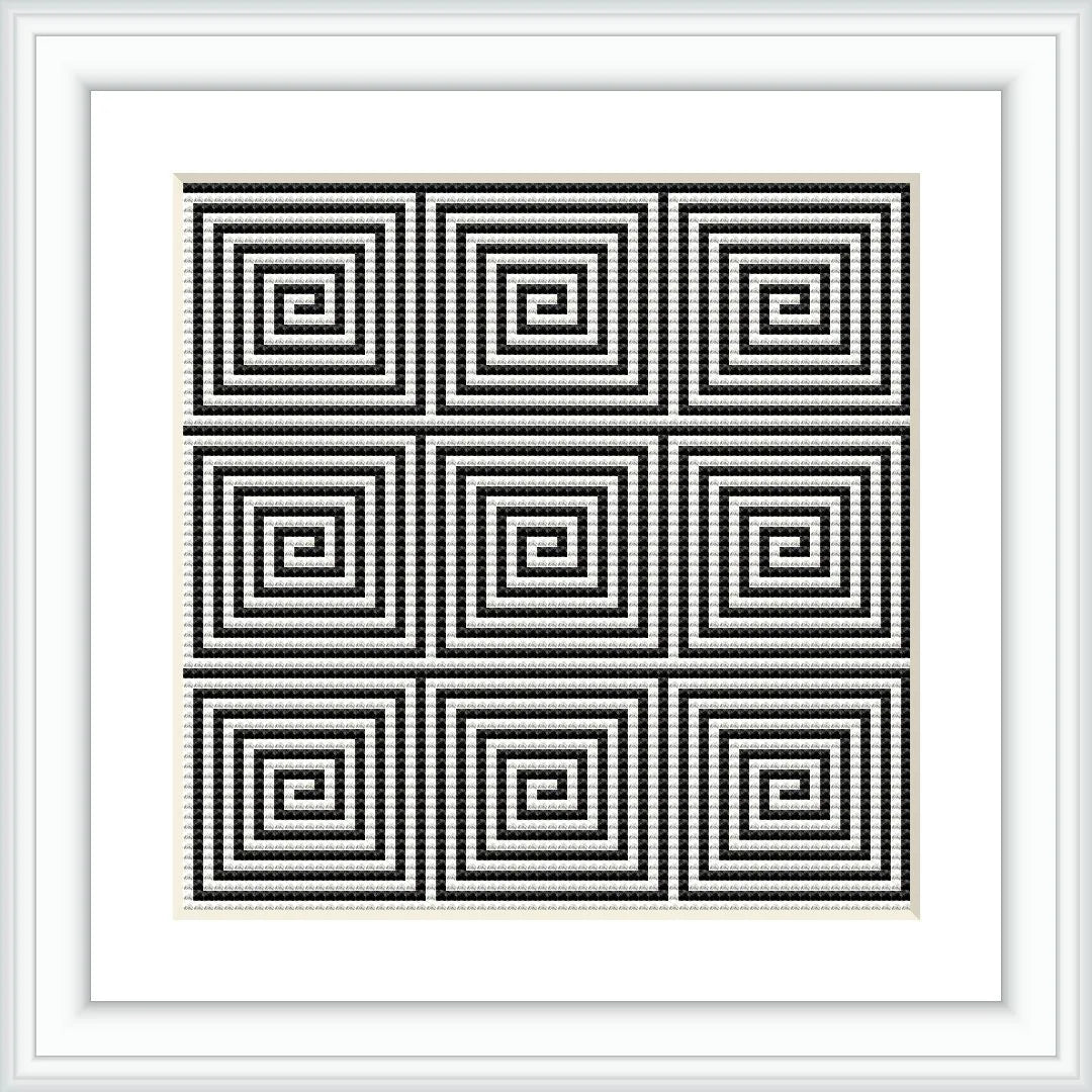 The image displays a framed cross stitch pattern with nine individual squares, each containing a repetitive geometric design of concentric squares, arranged in a 3x3 grid. The pattern exhibits a high-contrast color scheme inside a white frame.