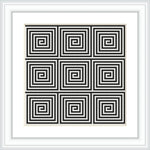 The image displays a framed cross stitch pattern with nine individual squares, each containing a repetitive geometric design of concentric squares, arranged in a 3x3 grid. The pattern exhibits a high-contrast color scheme inside a white frame.