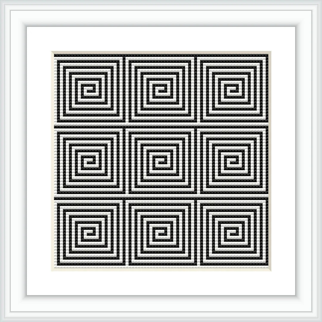 The image displays a framed cross stitch pattern with nine individual squares, each containing a repetitive geometric design of concentric squares, arranged in a 3x3 grid. The pattern exhibits a high-contrast color scheme inside a white frame.