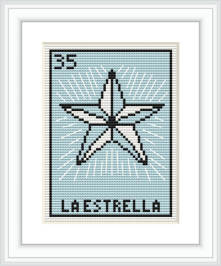 A cross stitch pattern framing a star shape in the center with 'LA ESTRELLA' text beneath it, surrounded by pale blue background and light borders. The number 35 is printed at the top.