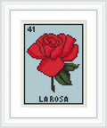 The image shows a cross-stitch pattern of a red rose with green leaves centered on a blue background, resembling a Lotería game card, with the number '41' at the top and 'LA ROSA' at the bottom.