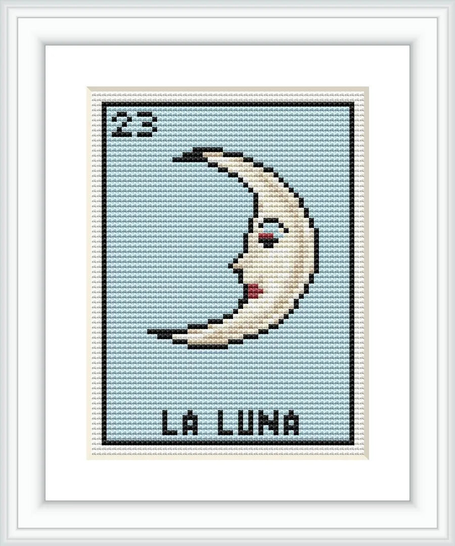 The image features the profile of a crescent moon with a face, centered within a light blue border, framed under the number 23, with 'La Luna' inscribed beneath. The background is a solid lighter shade of blue.