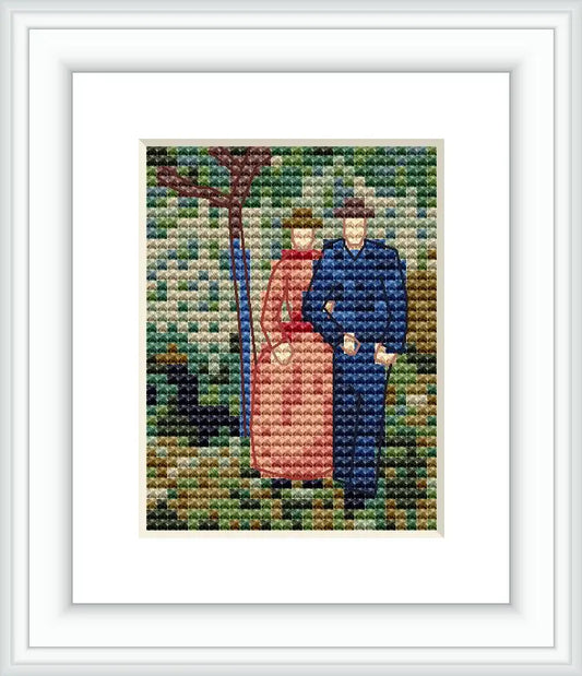 The pattern depicts a couple standing together in a garden, surrounded by greenery with shades of blue behind them, and hints of earthy tones underneath, embodying the style of a garden described in a work of Vincent Van Gogh.