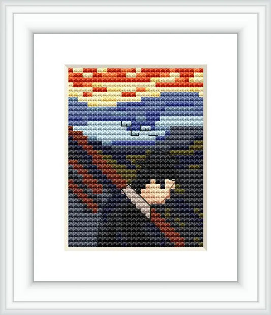 The image depicts a cross-stitch pattern that mimics Edvard Munch's 'The Scream', showing a figure with an open mouth in a landscape with water and a sky with swirling colors.