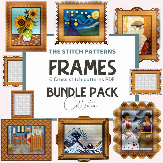 The image displays a collage of six cross stitch patterns inspired by classic paintings, presented as miniatures in decorative frames. These are digital representations of the cross stitch patterns with a central title 'THE STITCH PATTERNS FRAMES' and a subtitle '6 Cross stitch patterns PDF BUNDLE PACK Collection'.